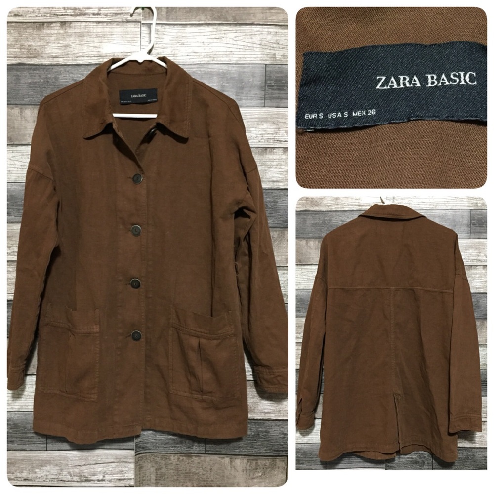 Zara Basic Chore Jacket Women’s S Brown Button Front (READ)